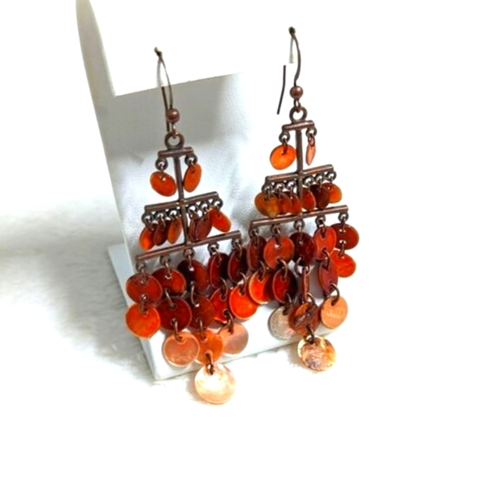Vintage Coppery Orange Mother of Pearl Dangle Drop Pierced Earrings - Picture 3 of 8